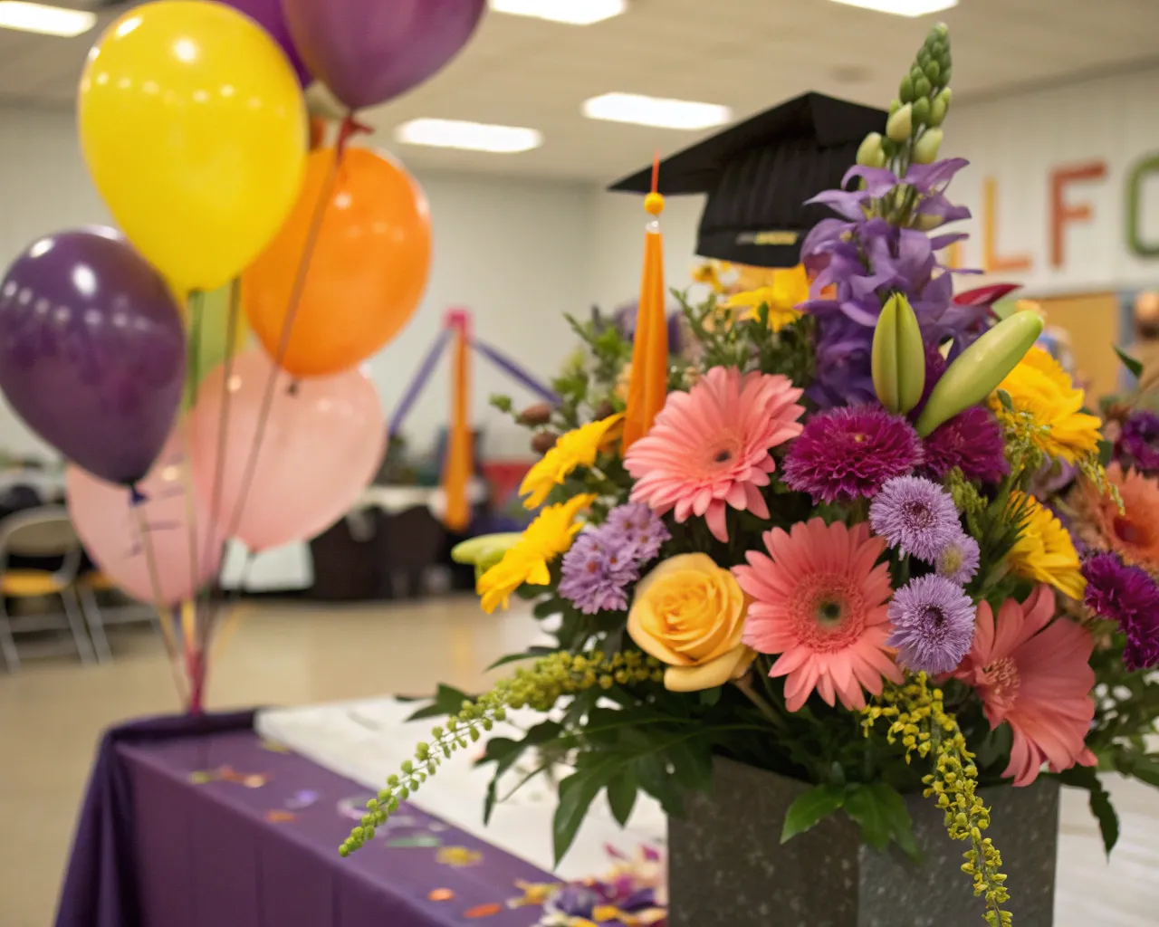 Colorful graduation celebration flower arrangement
